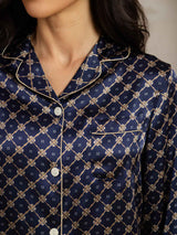 [Navy Chain] SilkSilky-AU Long Sleeve Lapel Collar Women's Pyjamas 006