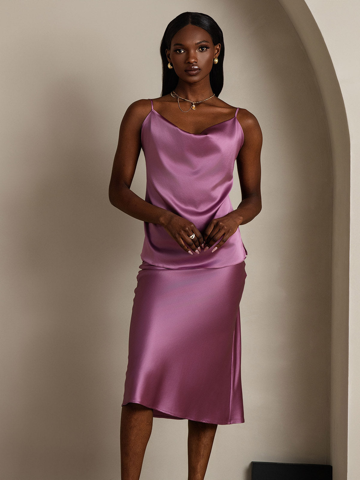 [Deep Purple] SilkSilky-AU 19Momme Silk Spaghetti Strap Cowl Neck Camisole 004