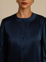 [Dark Blue] SilkSilky-AU 19Momme Long Sleeve Round Neck Blouse 006