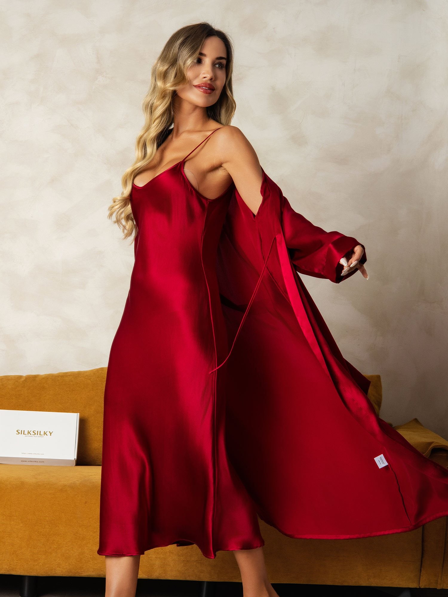 [Wine] SilkSilky-AU Pure Silk V Neck Nightgown&Dressing Gown Set 007