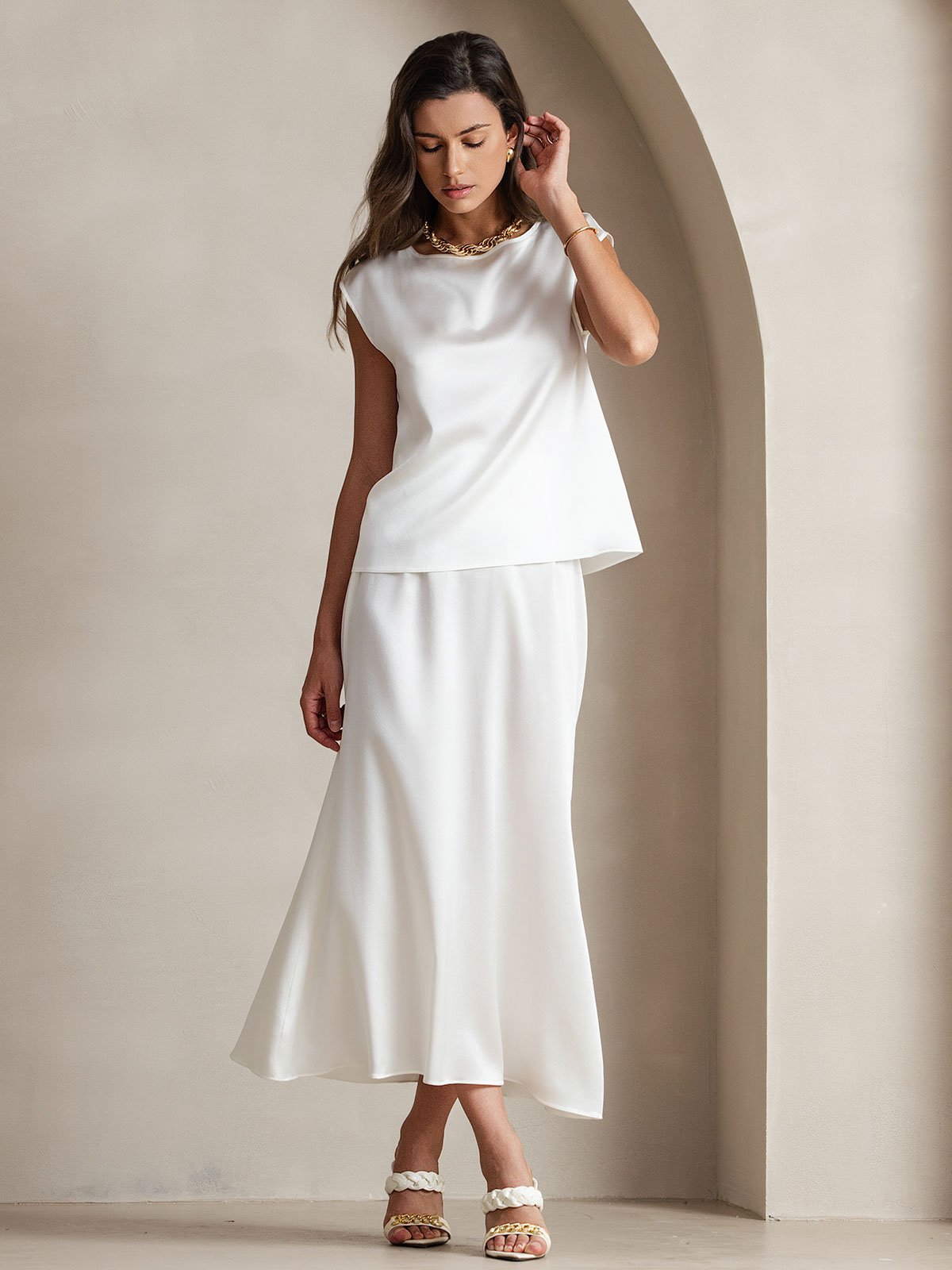 [White] SilkSilky-AU 19Momme Silk Round Neck Women's T-Shirt 004