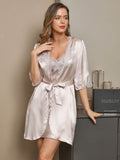 SilkSilky AU Pure Silk Half Sleeve Nightgown&Robe Set Beige 003