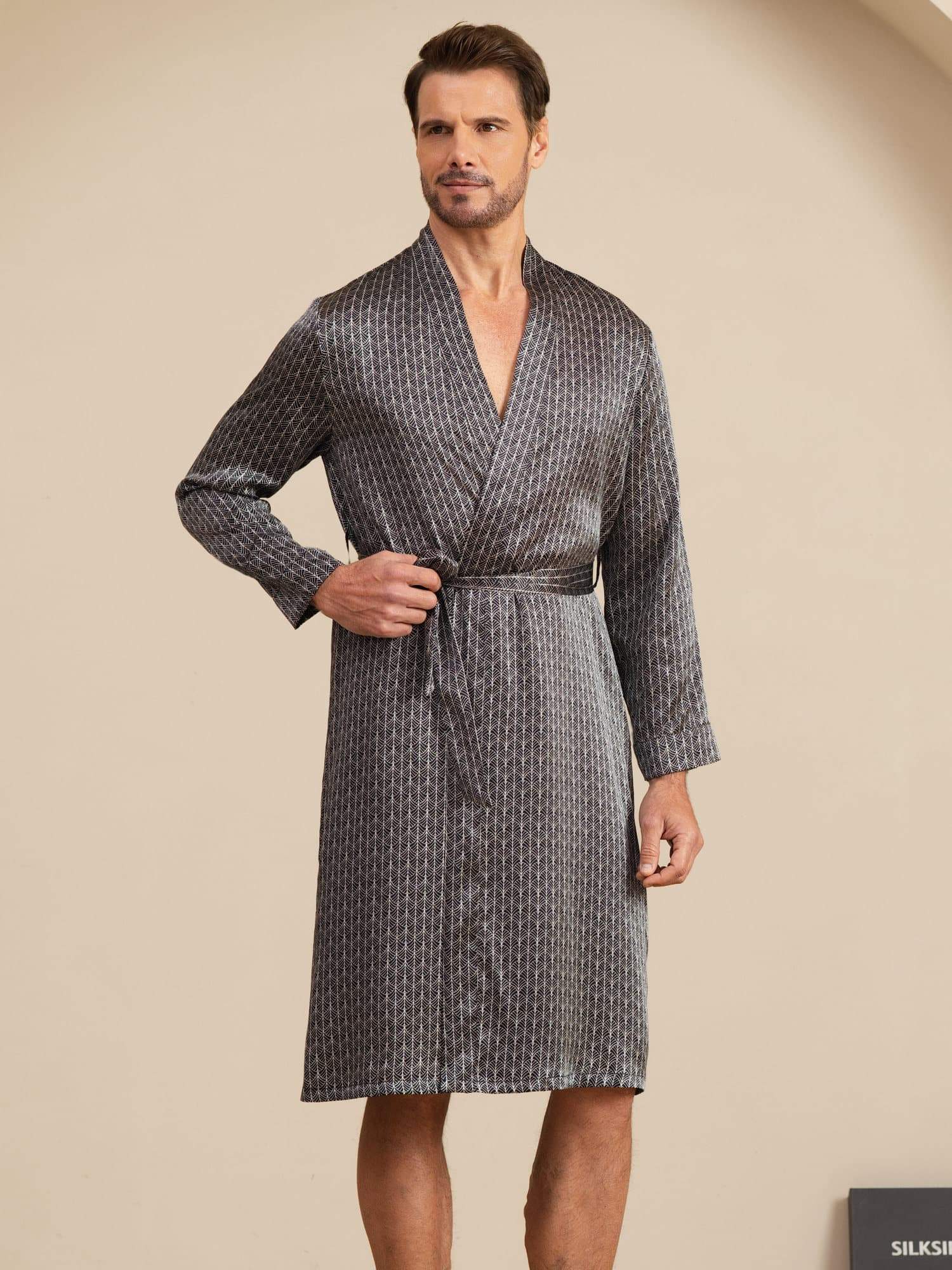 [Black Ginkgo] SilkSilky-AU Long Sleeve V Neck Men's Dressing Gown 001