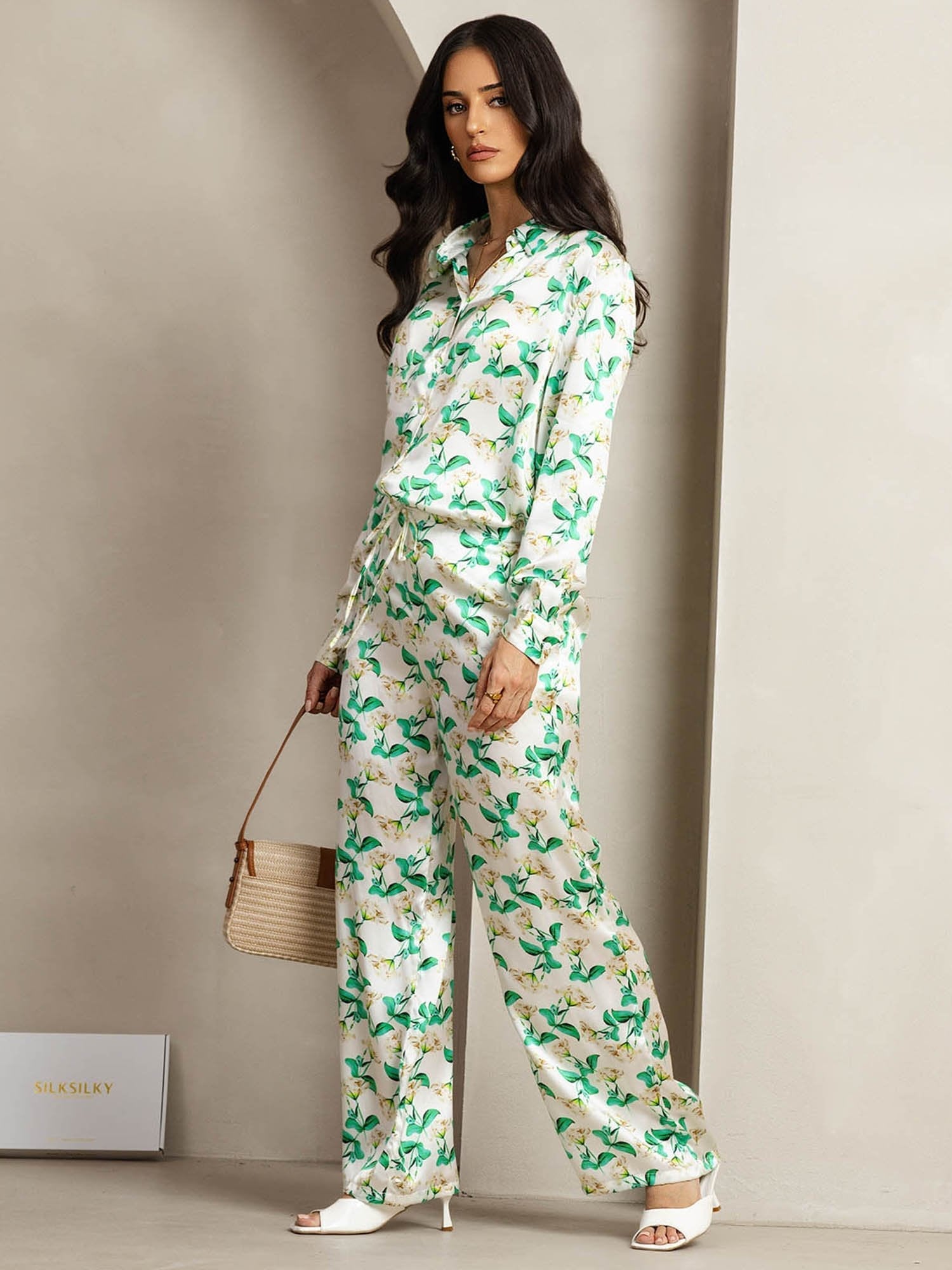 [Green Floral] SilkSilky-AU 19Momme Silk Lapel Collar Women''s Outfit Sets 003