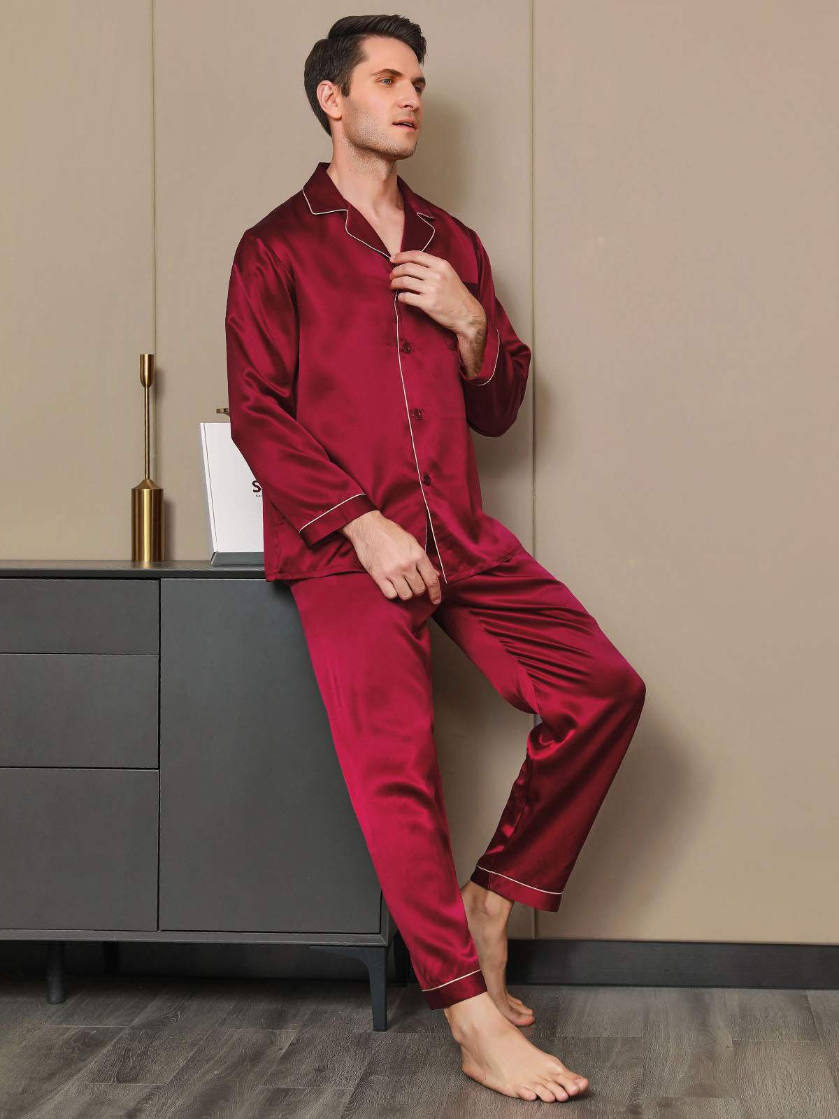 SilkSilky AU Pure Silk Long Sleeve Lapel Men's Pyjamas Wine 006