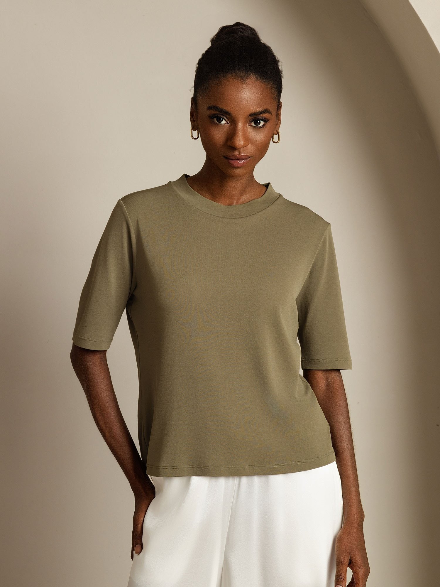 [Burnt Olive] SilkSilky-AU Pure Silk Round Neck Women's T-Shirt 001