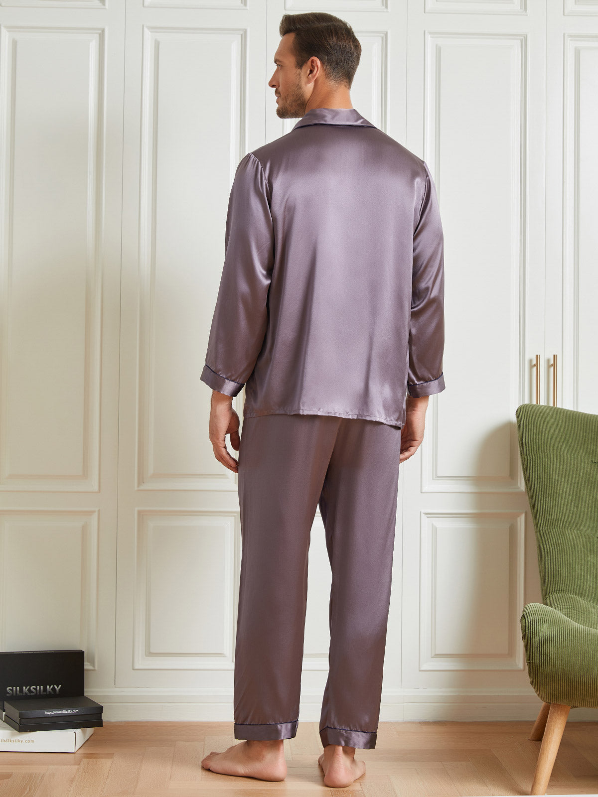 SilkSilky AU 19Momme Pure Silk Long Sleeve Lapel Men's Pyjamas Gray 002