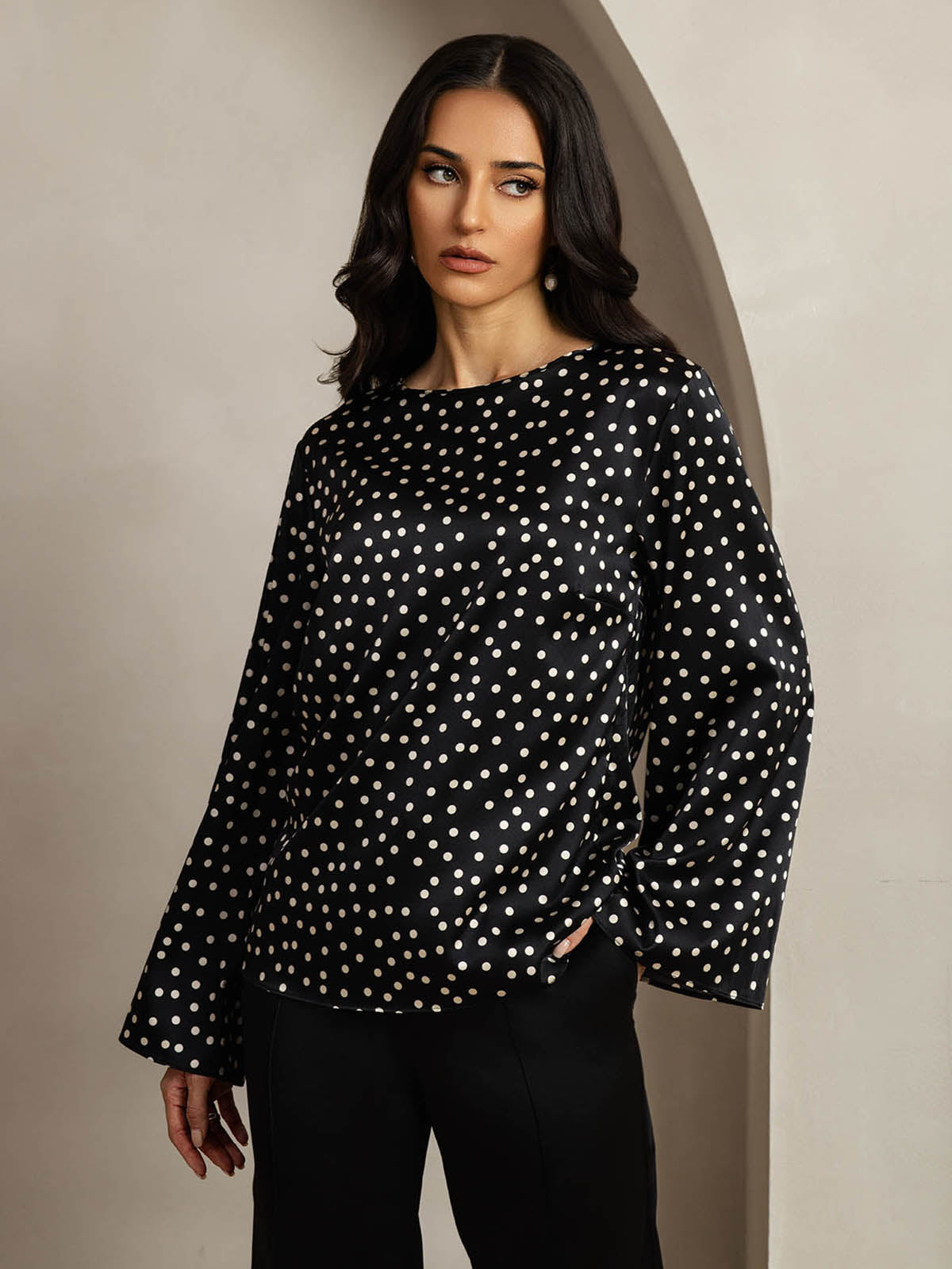 [Polka Dot] SilkSilky-AU 19Momme Silk Round Neck Women's T-Shirt 001