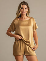 [Tan] SilkSilky-AU 19Momme Machine-Washable Silk Short Sleeve Round Neck Women's Pyjamas 003
