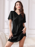 SilkSilky AU Pure Silk Short Sleeve V Neck Nightgown Black 001