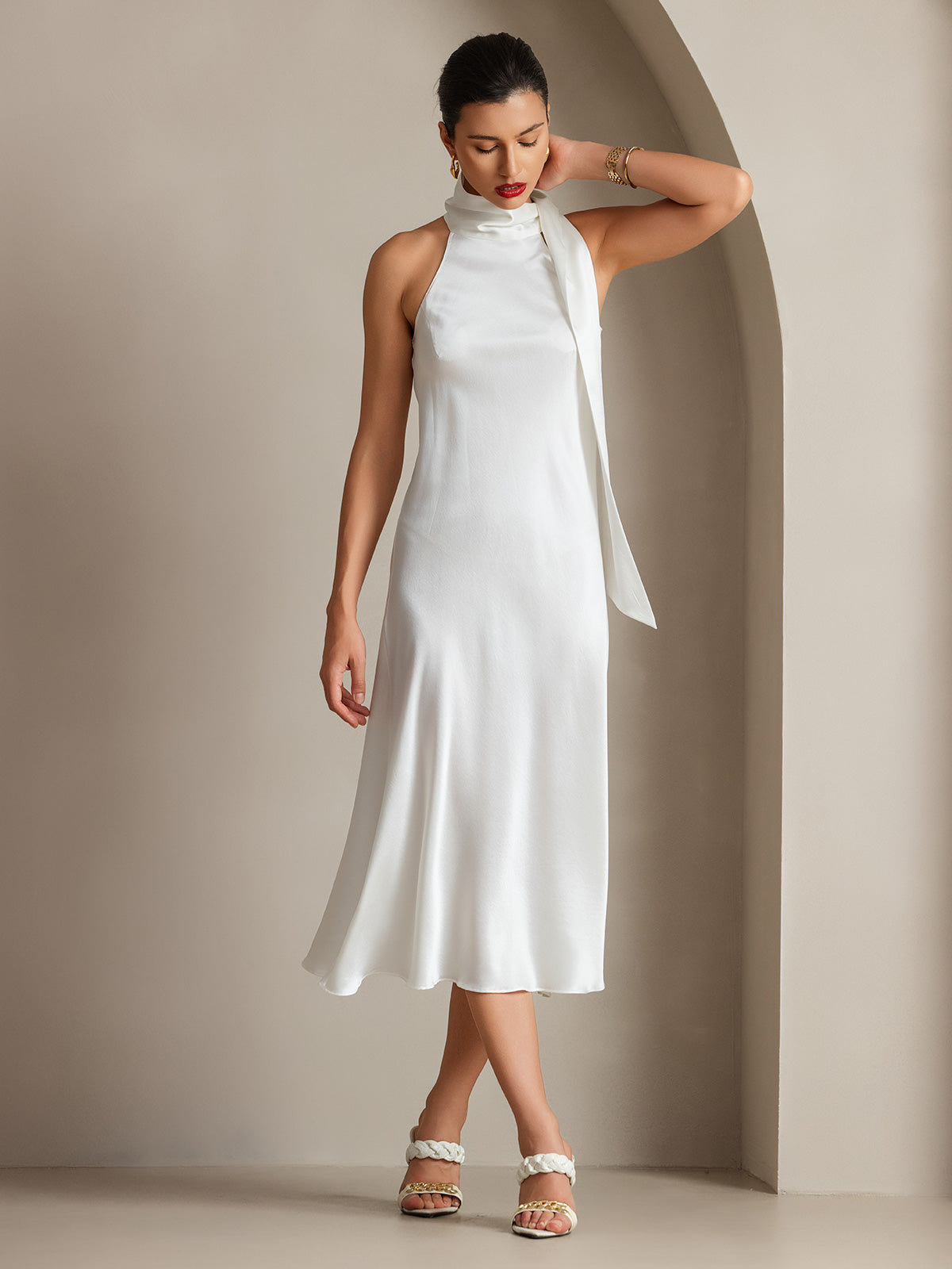 [White] SilkSilky-AU 19Momme Silk Tie Neck Dress 007