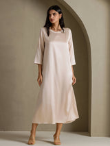 [Beige] SilkSilky-AU 3/4 Sleeve Round Neck Dress 006