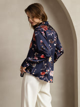 [Navy Floral] SilkSilky-AU Long Sleeve Lapel Collar Women's Shirt 002
