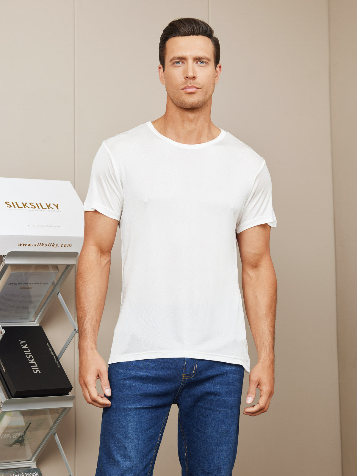 SilkSilky-AU Silk Knitted Short Sleeve Round Neck Men's T-Shirt White 001