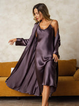 [Purple Gray] SilkSilky-AU Long Sleeve V Neck Nightgown&Dressing Gown Set 001