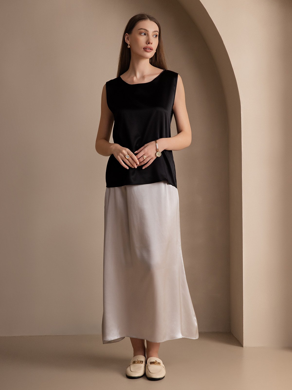[Black] SilkSilky-AU 19Momme Silk Round Neck Camisole 005