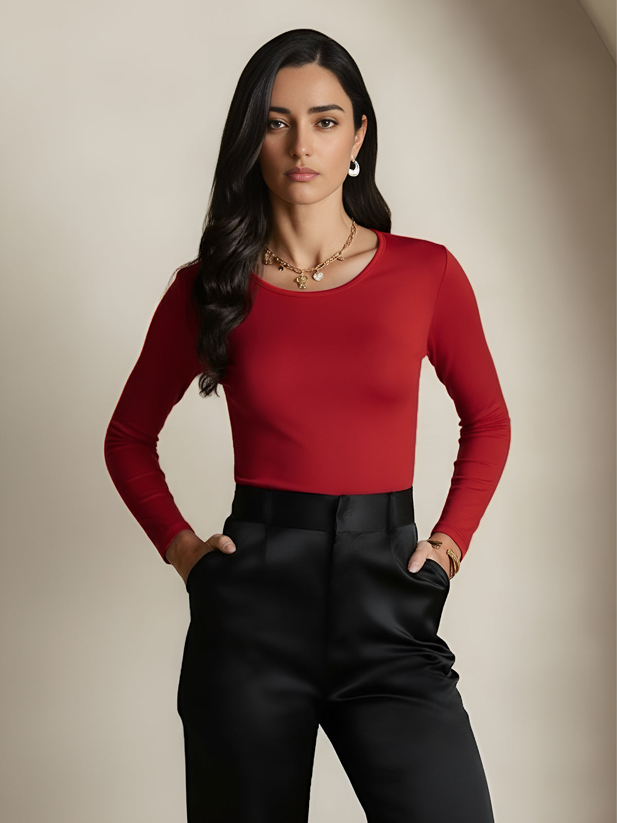 [Wine] SilkSilky-AU Silk Round Neck Women's T-Shirt 005,