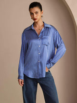 [Blue Pinstripe] SilkSilky-AU Long Sleeve Lapel Collar Women's Shirt 003