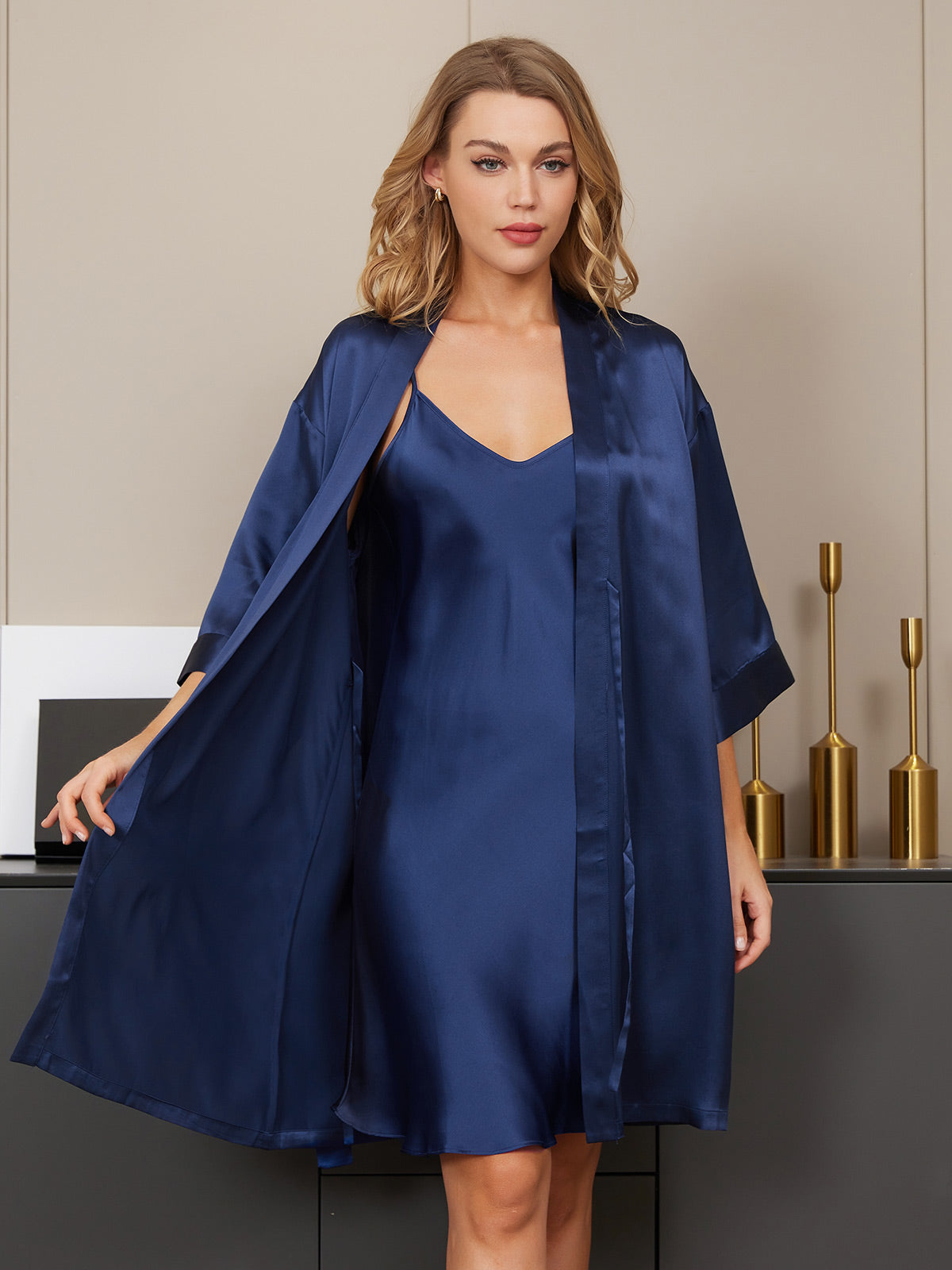 [Dark Blue] SilkSilky-AU Pure Silk V Neck Nightgown&Dressing Gown Set 005