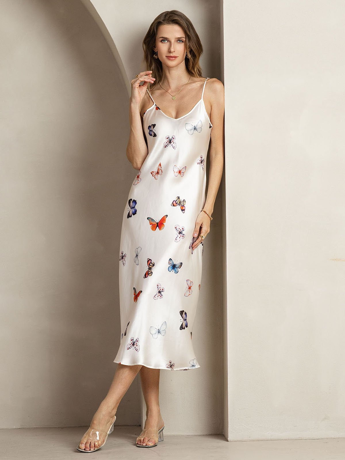 [White Butterfly] SilkSilky-AU 19Momme Silk V Neck Dress 004