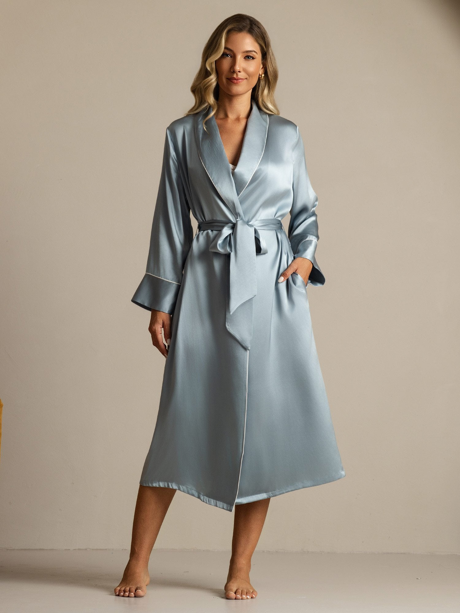 [GrayishBlue] SilkSilky-AU Pure Silk Collar Women's Dressing Gown 003