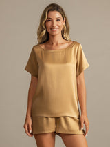 [Tan] SilkSilky-AU 19Momme Machine-Washable Silk Short Sleeve Round Neck Women's Pyjamas 001