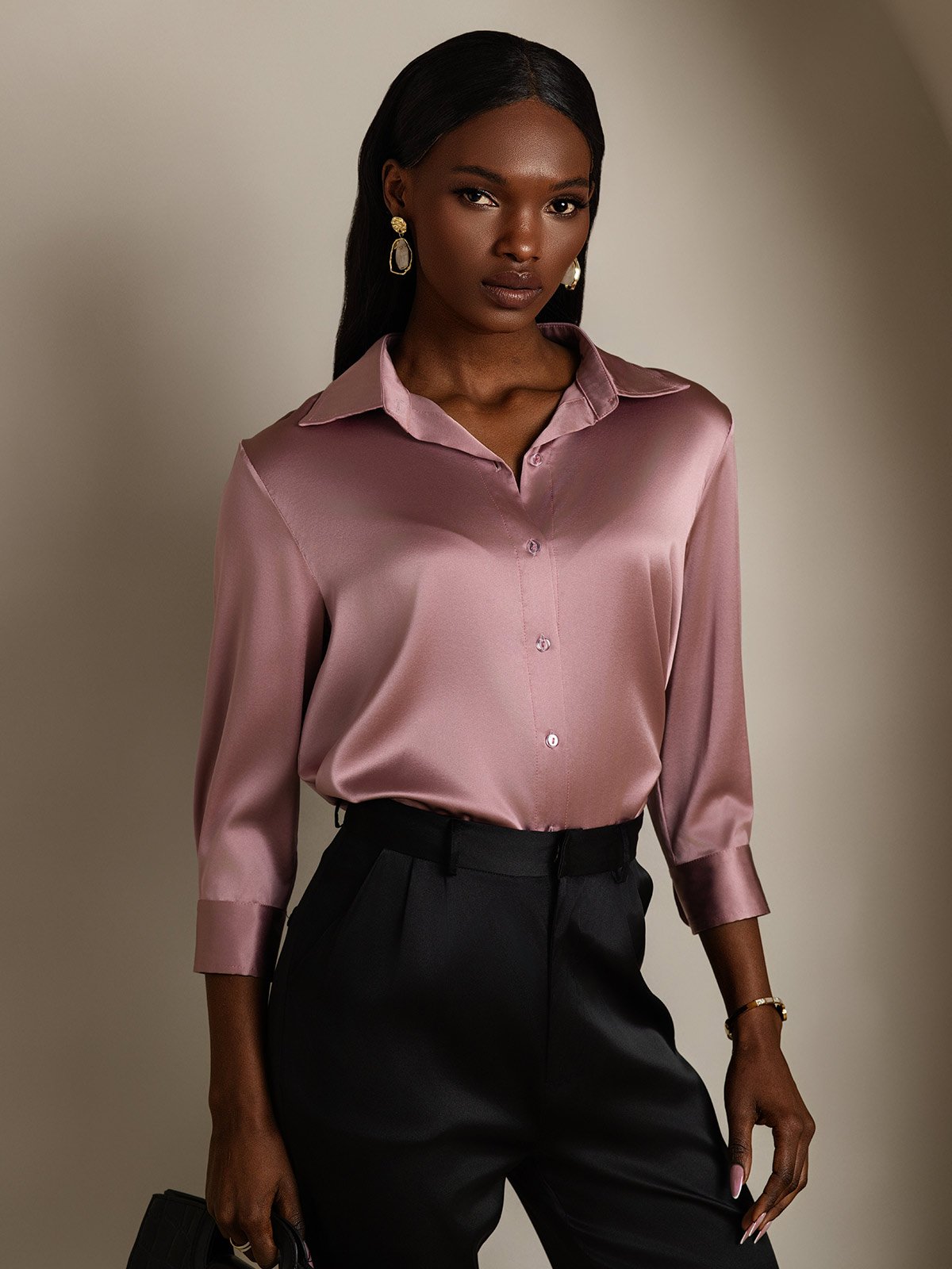 SilkSilky-AU 19Momme Silk Long Sleeve Lapel Women's Shirt PaleMauve 001
