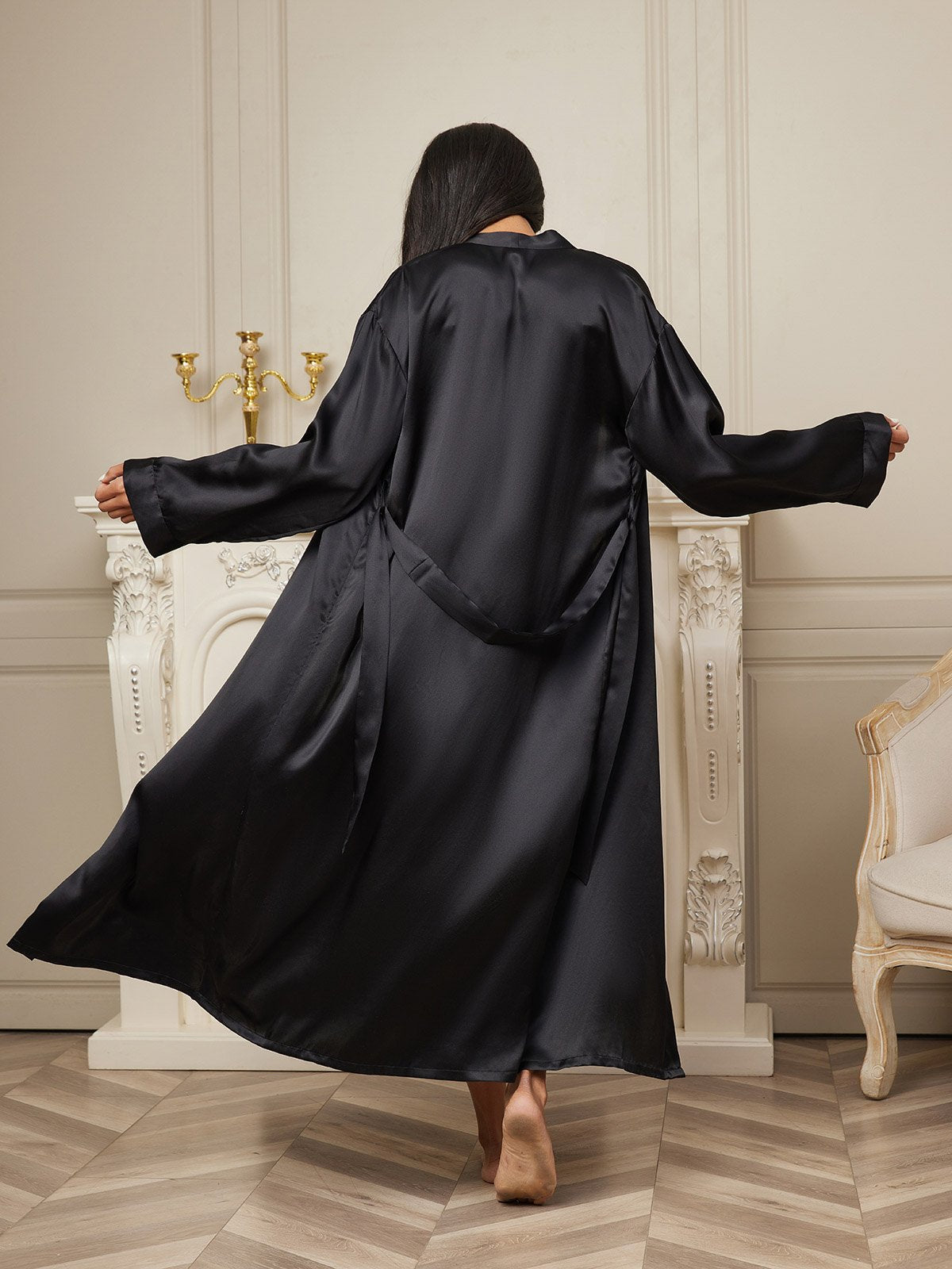 SilkSilky-AU Pure Silk Long Sleeve Womens Robe Black 002