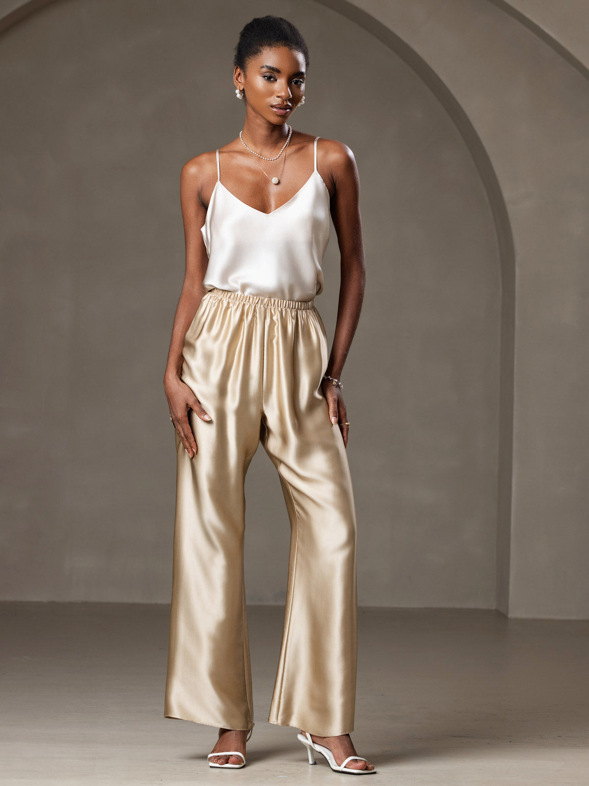 [Beige] SilkSilky-AU Pure Silk V Neck Camisole 005