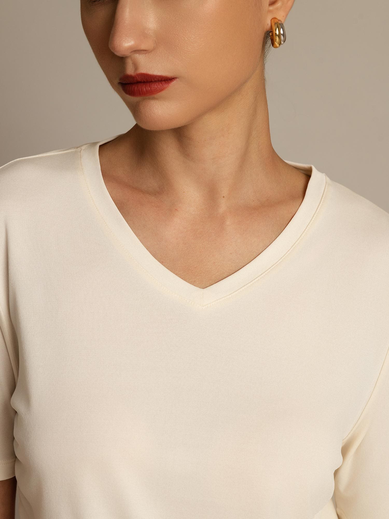 [Beige] SilkSilky-AU Pure Silk V Neck Women's T-Shirt 003