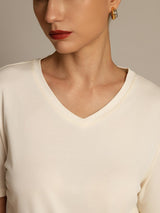 [Beige] SilkSilky-AU 100% High-Twist Silk Jersey Short Sleeve V Neck Women's T-Shirt 003