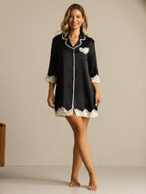 [Black] SilkSilky-AU Pure Silk Lapel Collar Nightshirt 006