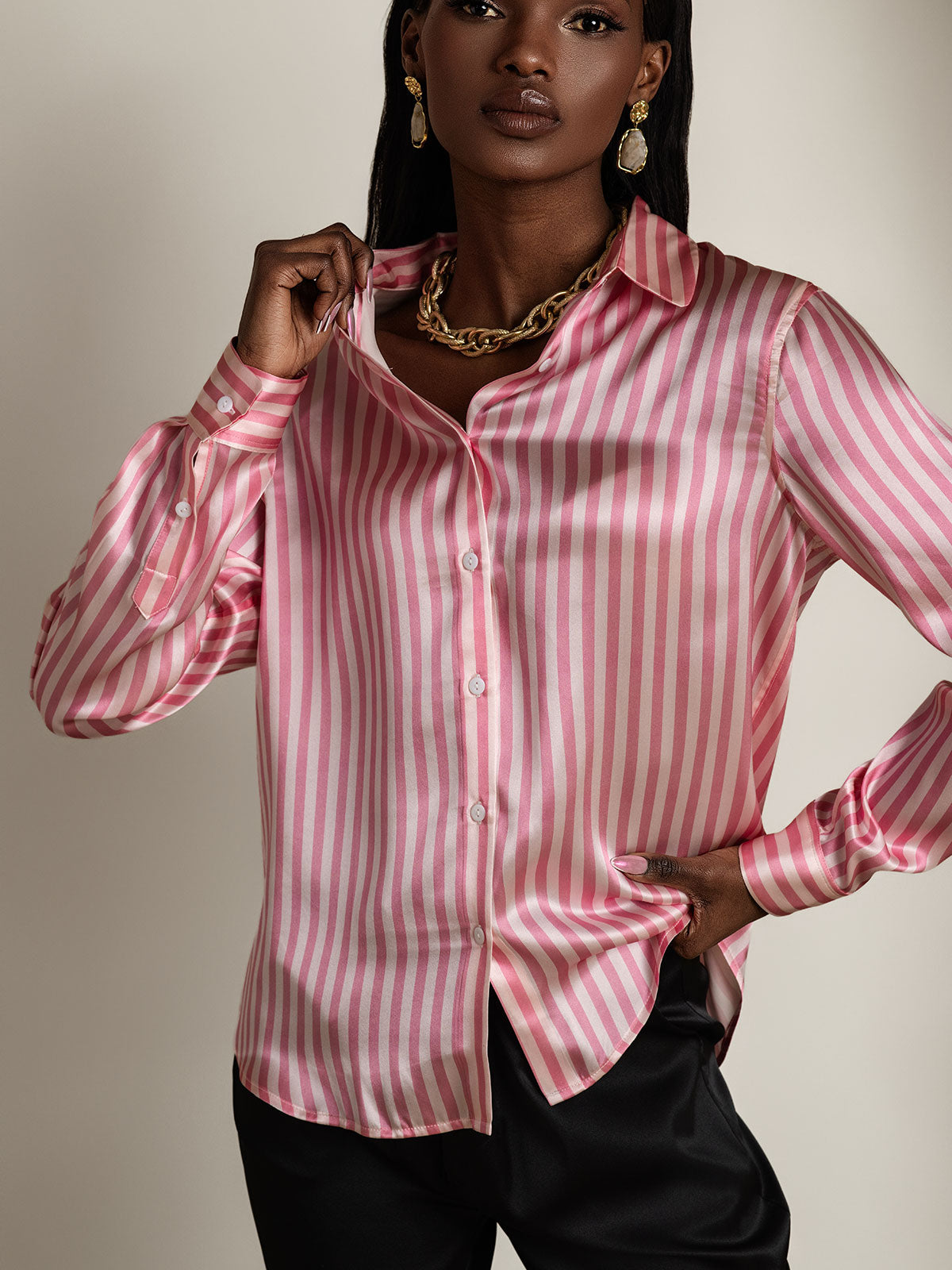 [Pink Stripe] SilkSilky-AU Silk Long Sleeve Lapel Collar Women's Shirt 003