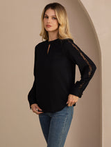 [Black] SilkSilky-AU Long Sleeve Keyhole Neck Women's Blouse 004