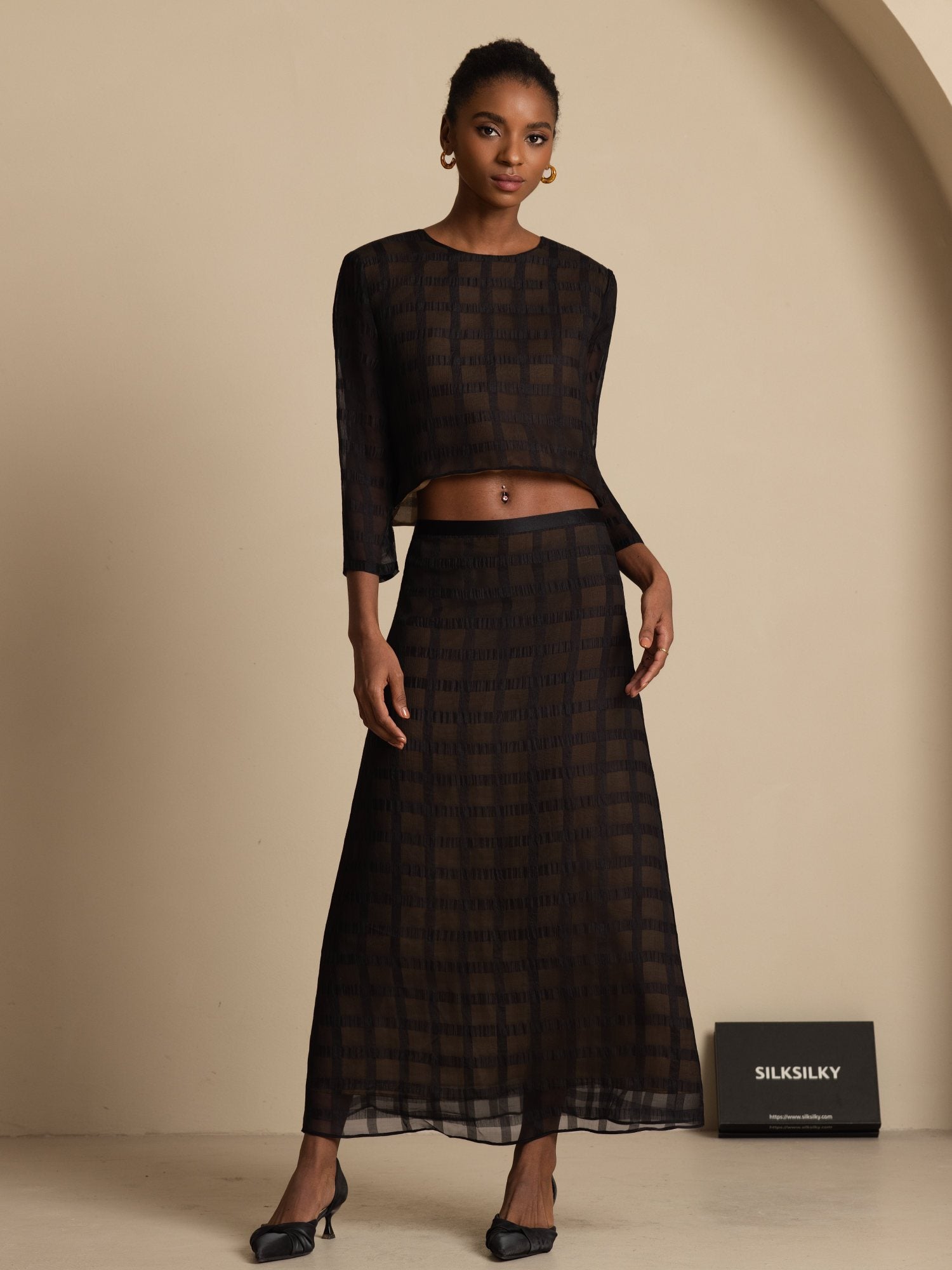 [Black] SilkSilky-AU Pure Silk Long Sleeve Round Neck Women''s Outfit Sets 003