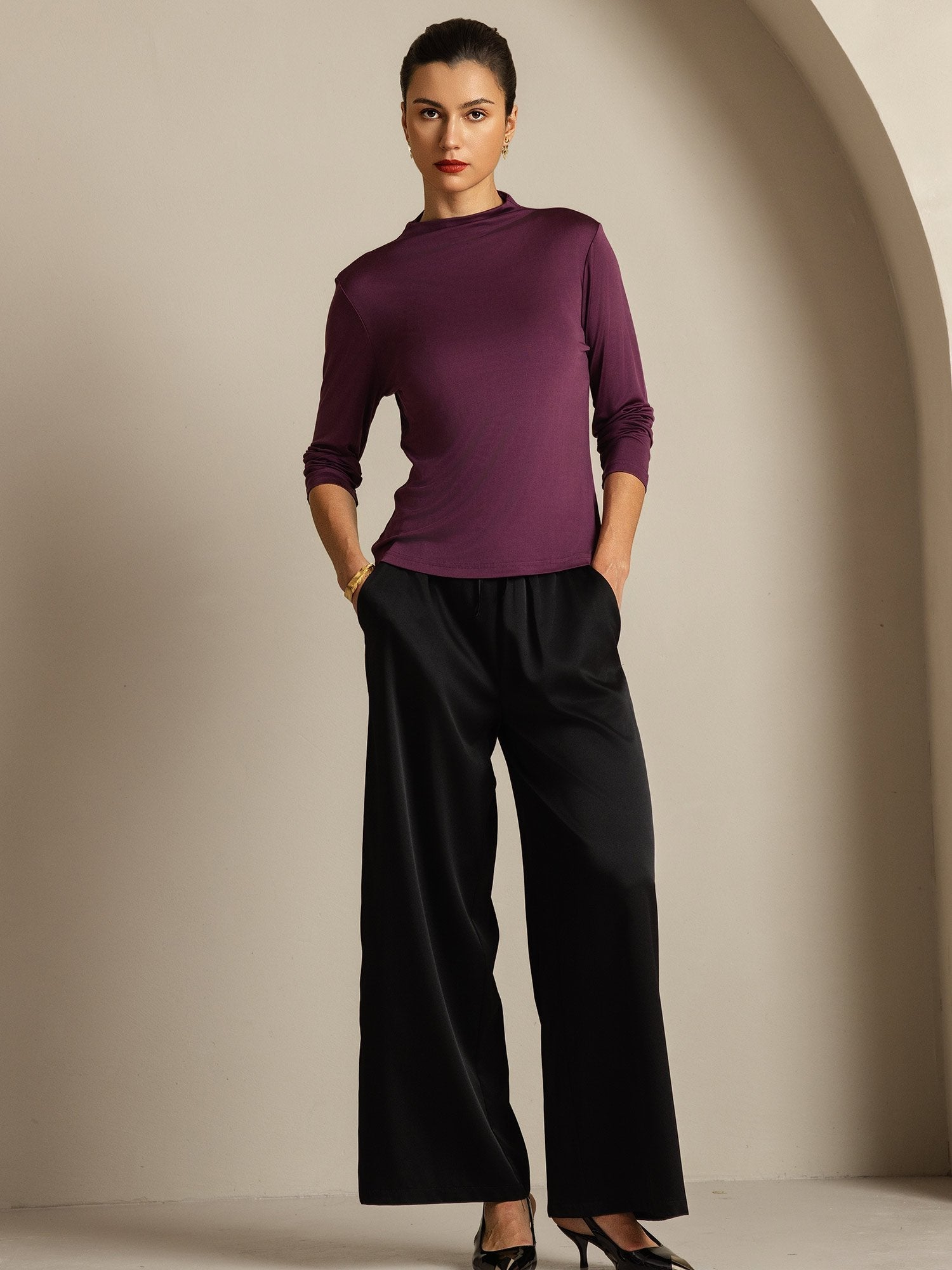 [Purple] SilkSilky-AU Pure Silk High Neck Women's T-Shirt 005