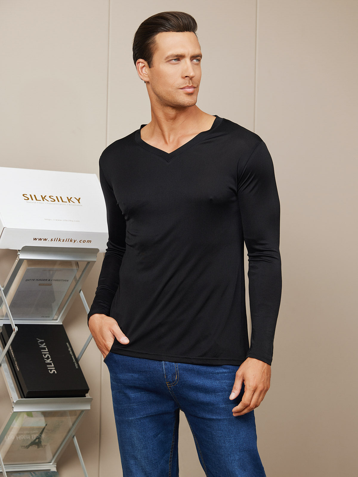 SilkSilky AU Silk Knitted Long Sleeve V Neck Men's T Shirt Black 003