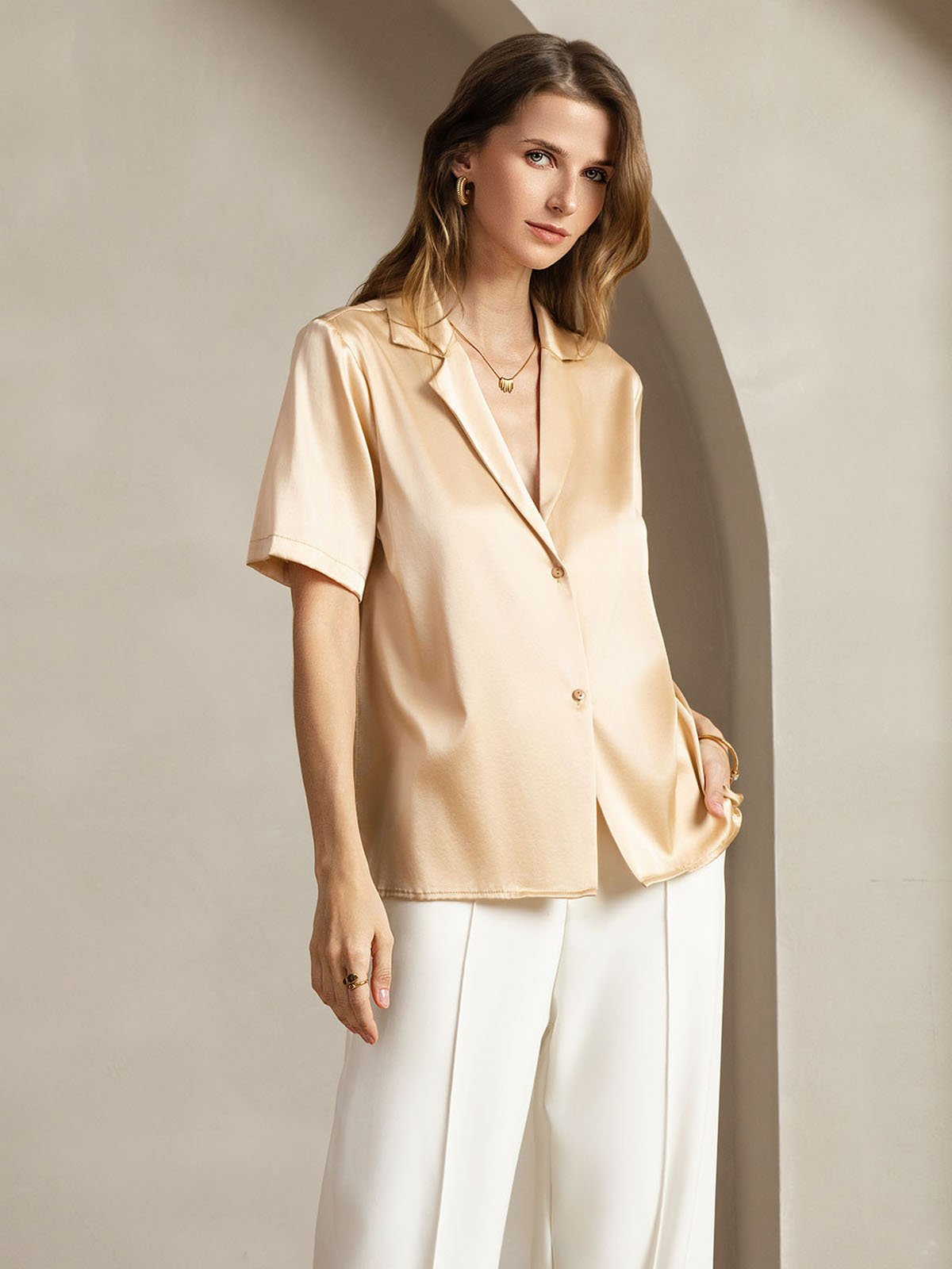 [Champagne] SilkSilky-AU 19Momme Silk Notched Neck Women's Shirt 005