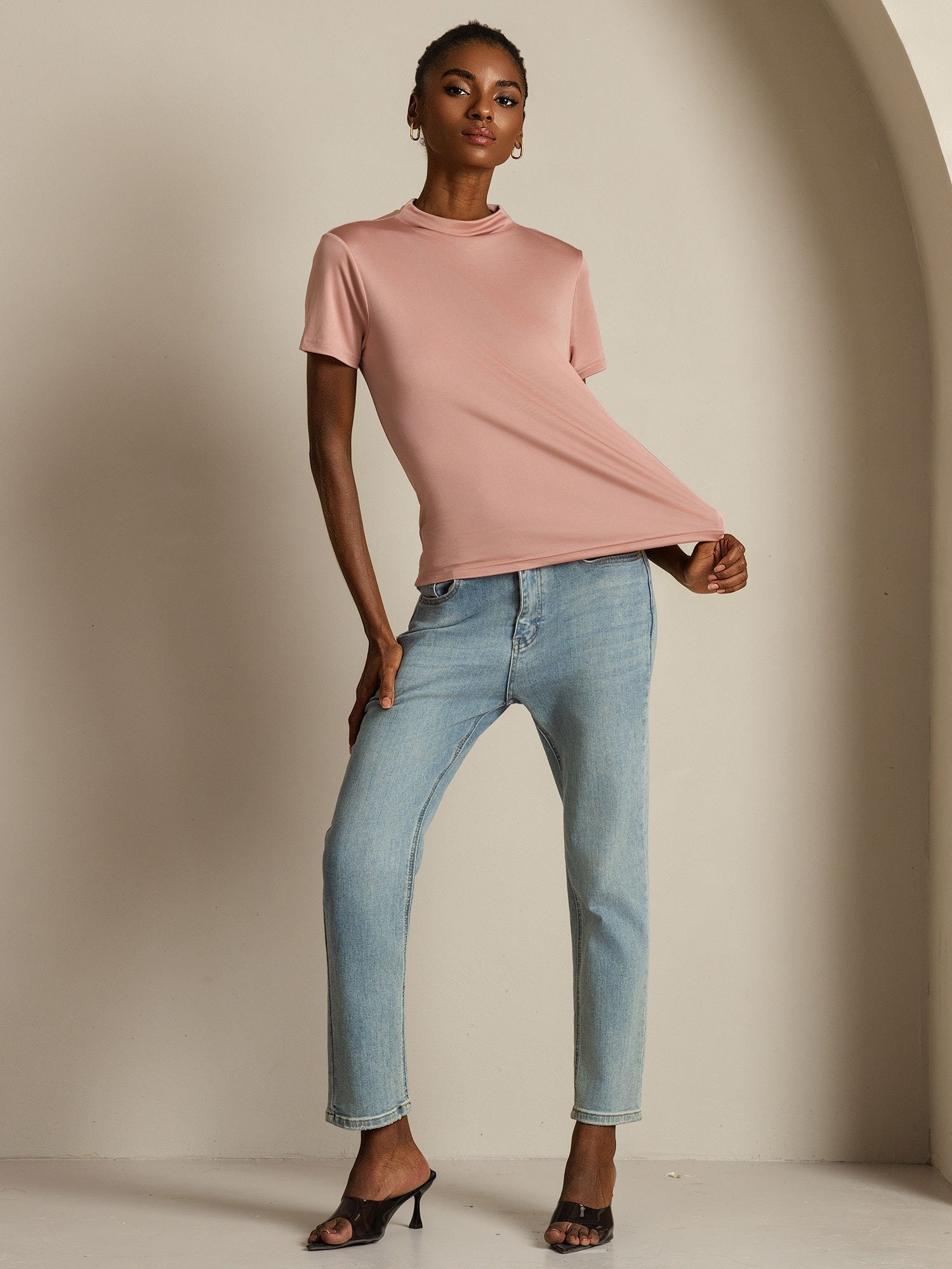[Pink] SilkSilky-AU Pure Silk Collar Women's T-Shirt 004