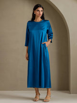[Teal] SilkSilky-AU 3/4 Sleeve Round Neck Dress 001