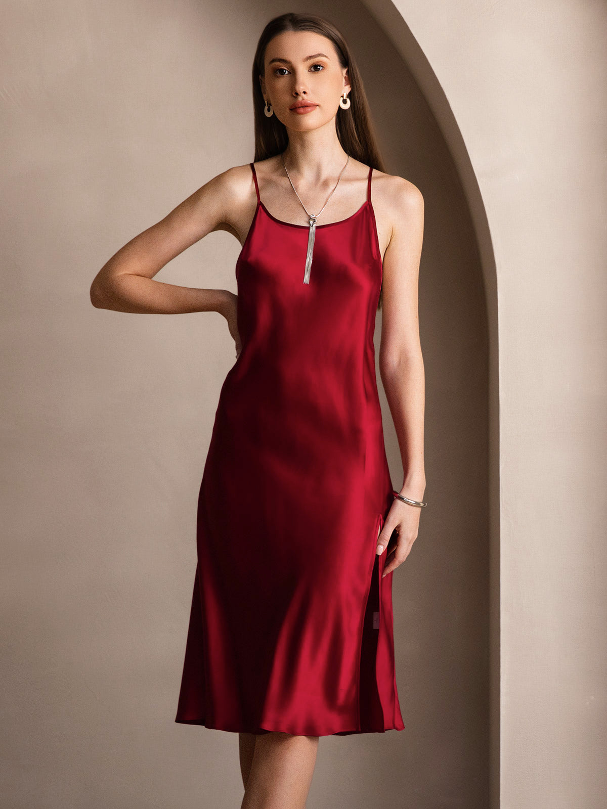 [Wine] SilkSilky-AU Pure Silk Round Neck Dress 006