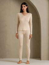 [Beige] SilkSilky-AU Long Sleeve V Neck Women's Long Johns 001