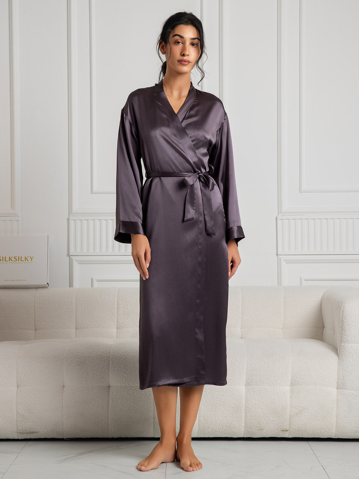 SilkSilky-AU Pure Silk Long Sleeve Womens Robe PurpleGray 001