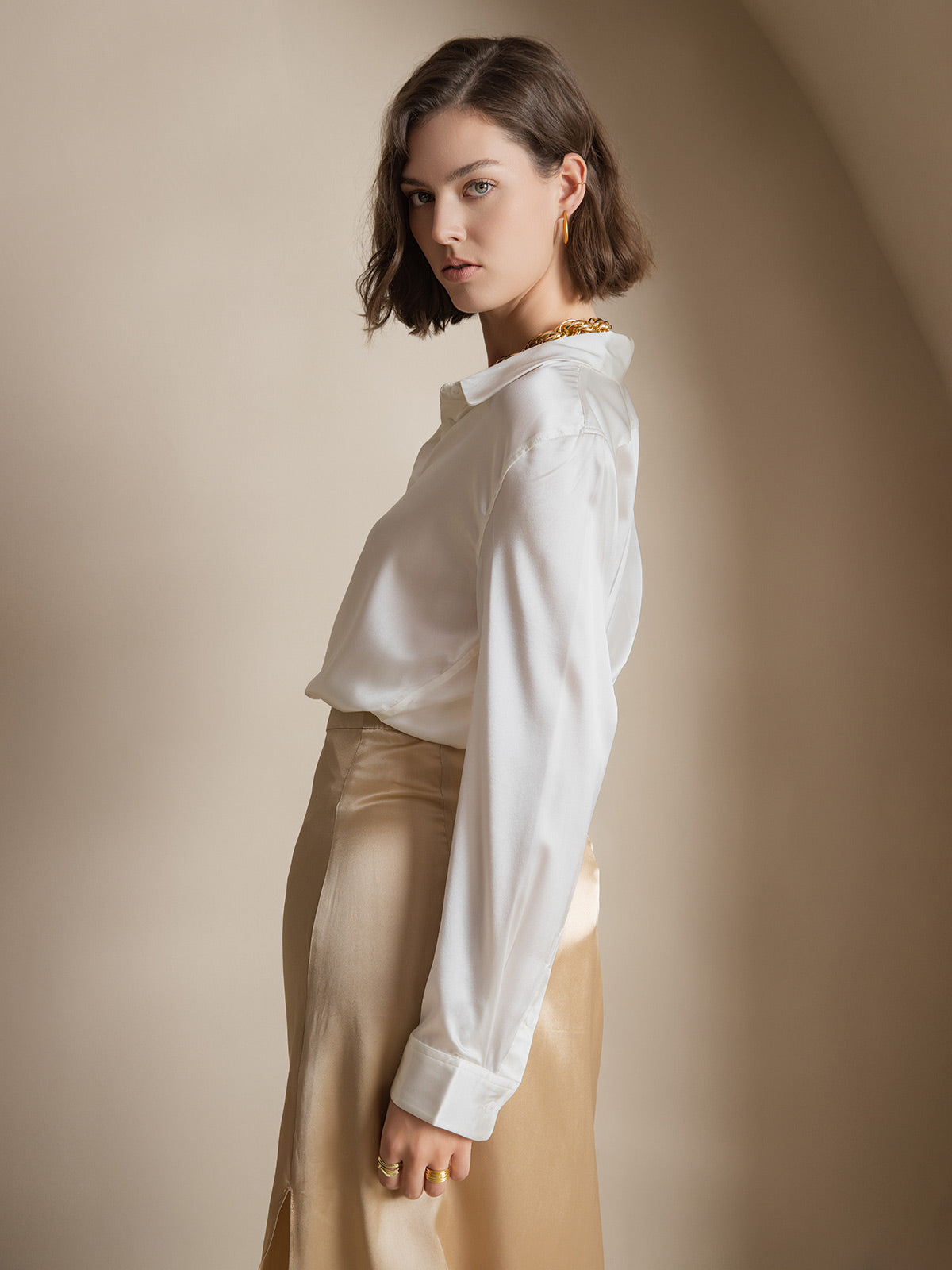 [White] SilkSilky-AU Silk Long Sleeve Lapel Collar Women's Shirt 007