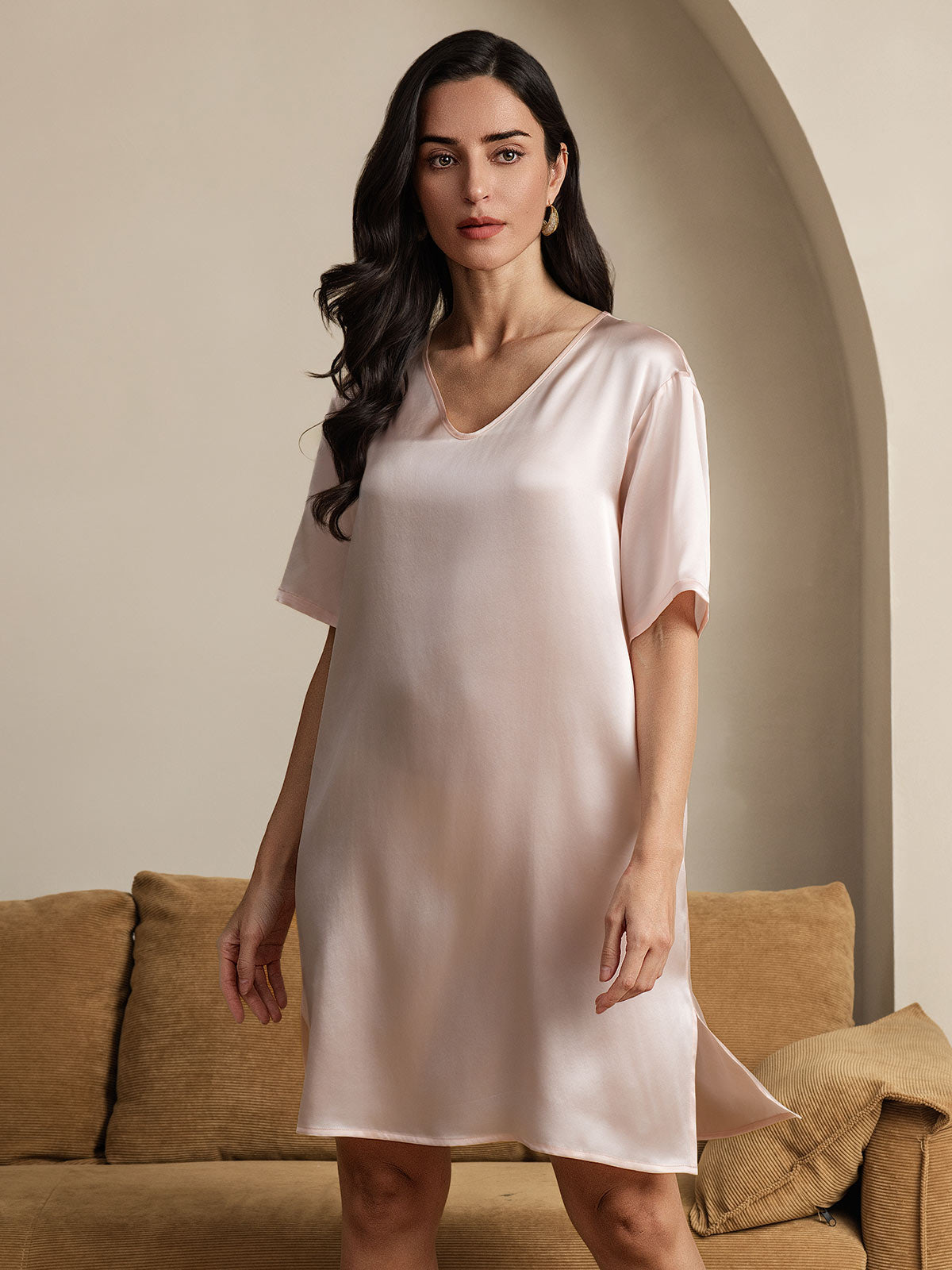 SilkSilky-AU Pure Silk Short Sleeve V Neck Nightgown LightPink 004