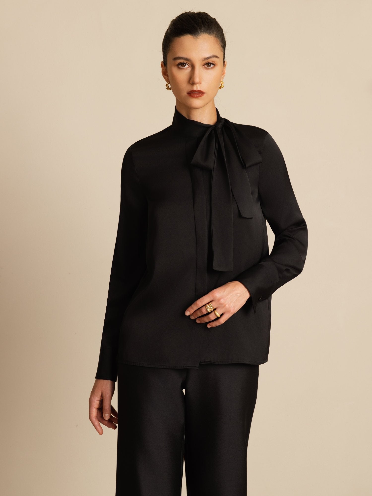 [Black] SilkSilky-AU 19Momme Silk Long Sleeve Tie Neck Blouse 004