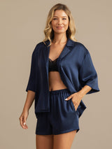 [Dark Blue] SilkSilky-AU 19Momme Machine-Washable Silk Half Sleeve Notch Collar Women's Pyjamas 003