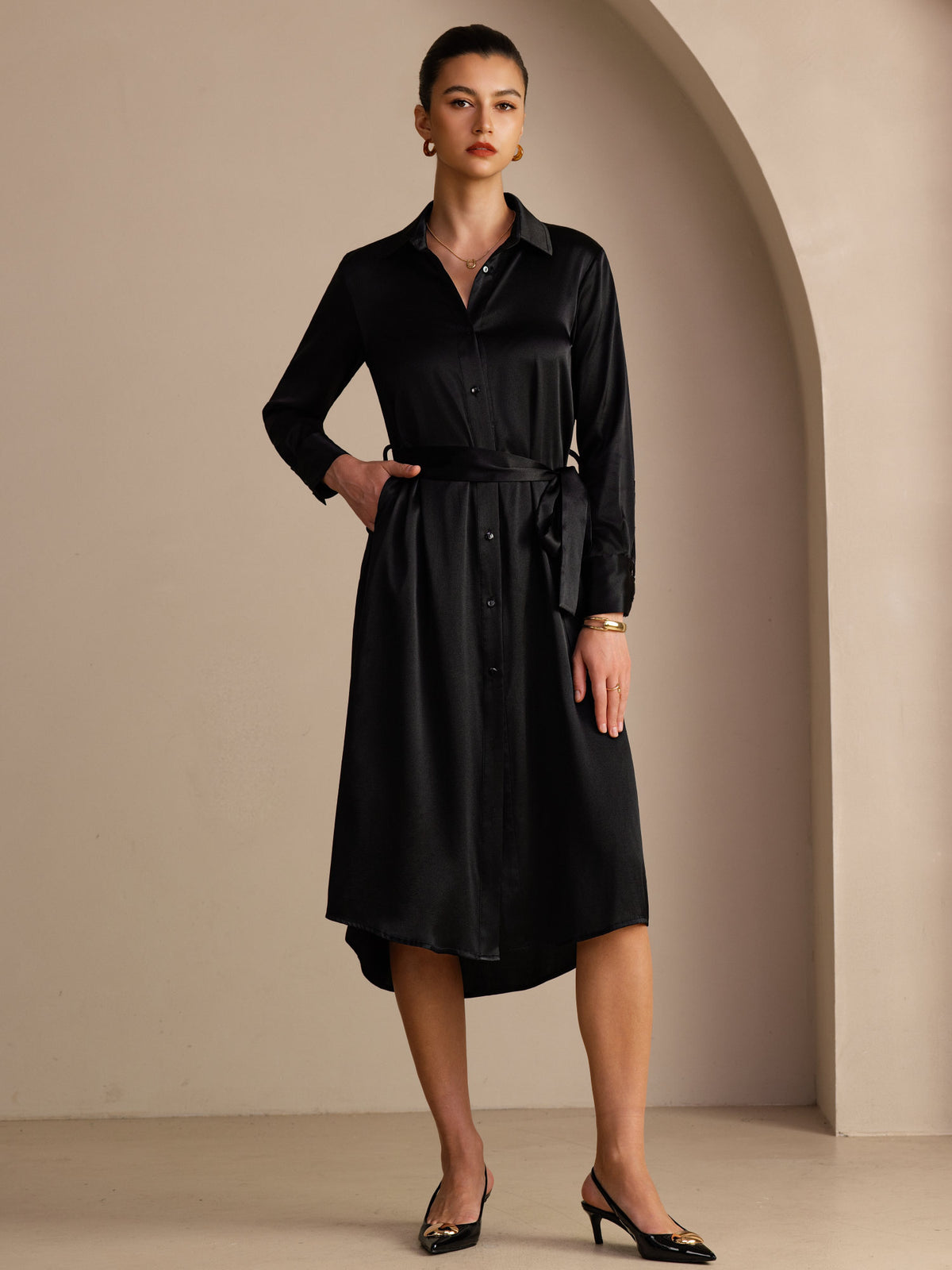 [Black] SilkSilky-AU Long Sleeve Lapel Collar Dress 001