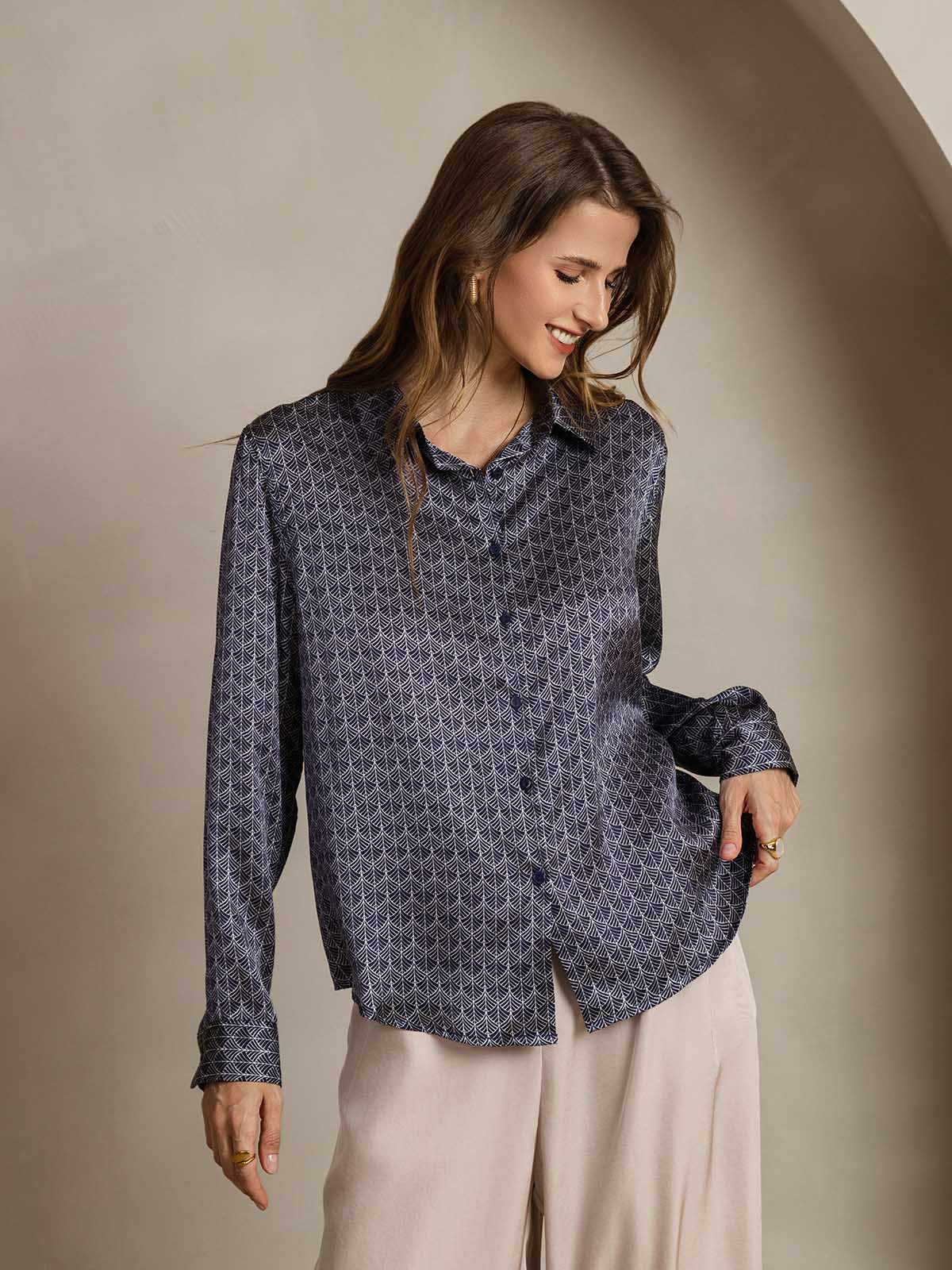 [Navy Ginkgo] SilkSilky-AU Silk Long Sleeve Lapel Collar Women's Shirt 005