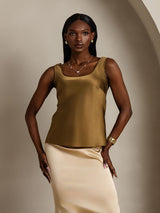 [Brown] SilkSilky-AU 19Momme Stretch Silk Charmeuse Sleeveless Scoop Neck Camisole 001